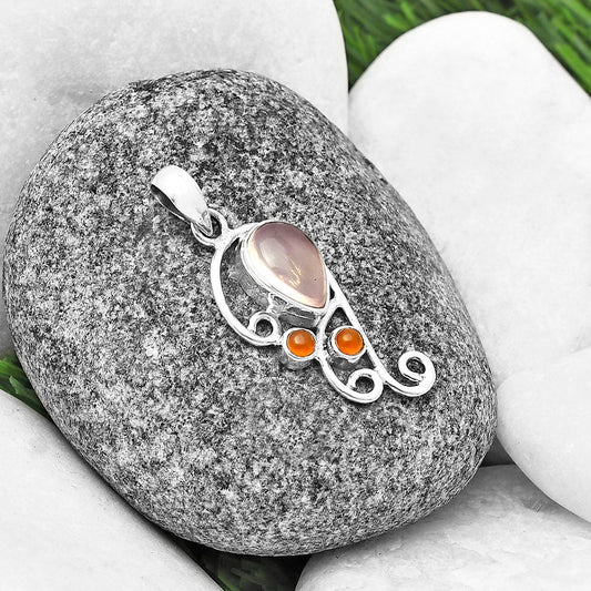 Rose Quartz - Madagascar & Carnelian Pendant