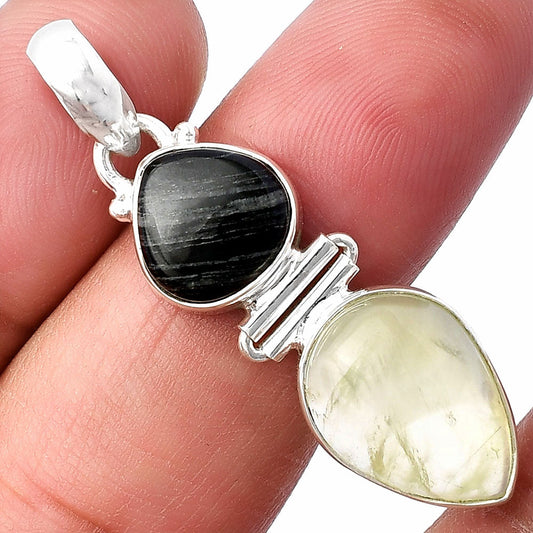 Prehnite & Silver Leaf Obsidian Pendant