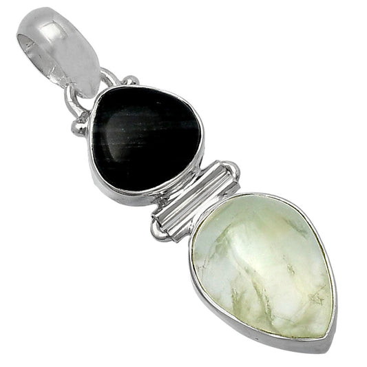 Prehnite & Silver Leaf Obsidian Pendant