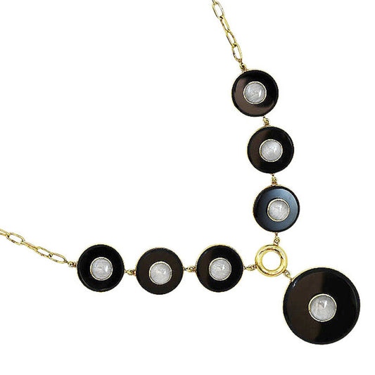 18K Gold Plated Black Onyx and Rainbow Moonstone Necklace Earrings Set TT01011