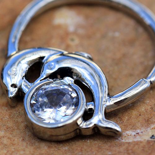 316L Stainless Steel Dolphins and Moon Seamless Ring / Cartilage Earring